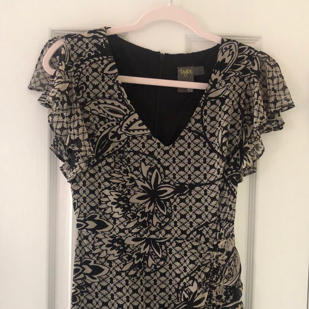 Taylor grey black asymmetrical midi dress